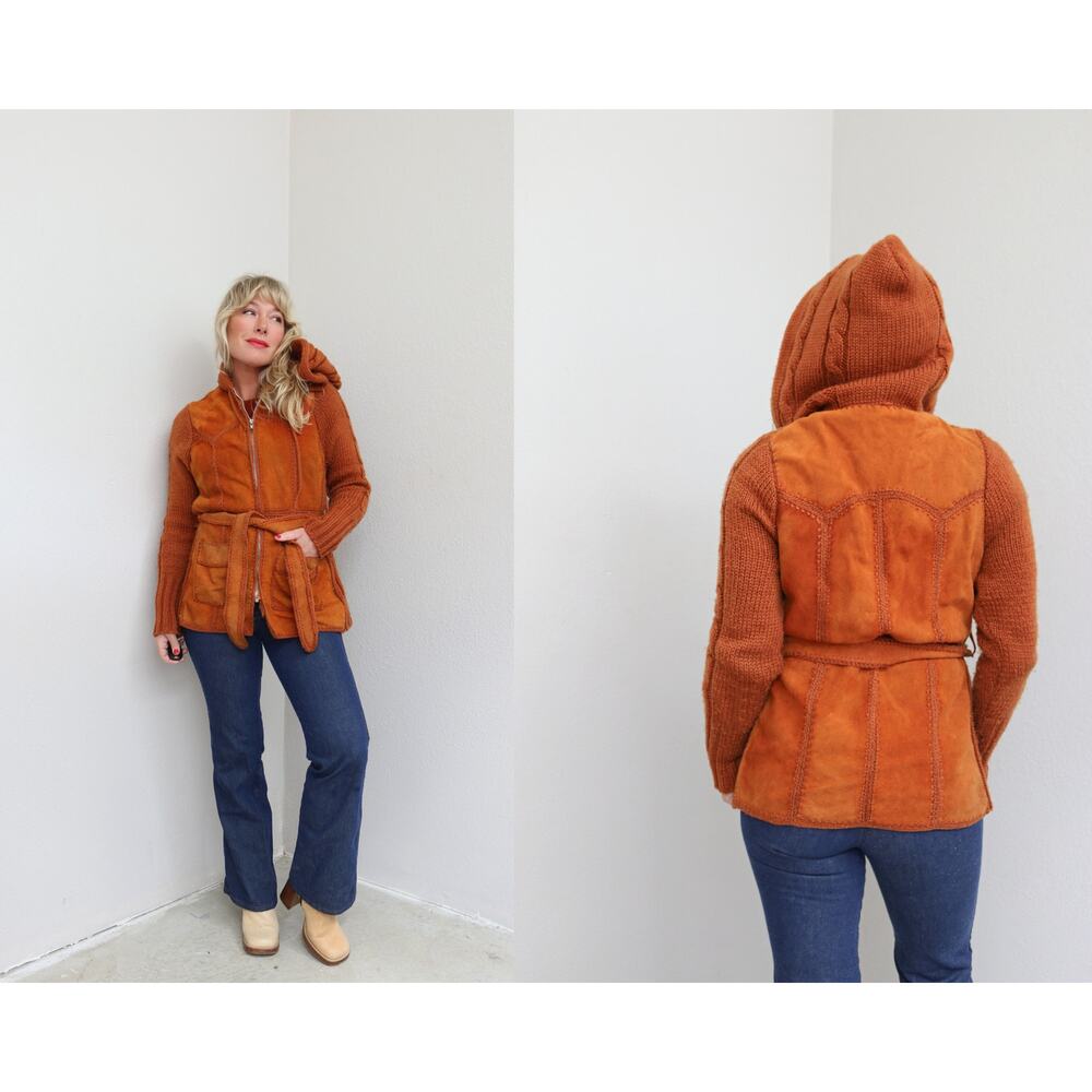 1970's Vintage Cognac Suede & Knit Patchwork Hooded Retro Jacket ~ Women's SM MD